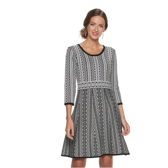 New Nina Leonard Elegant Black and White Patterned Knit Dress - Picture 1 of 12